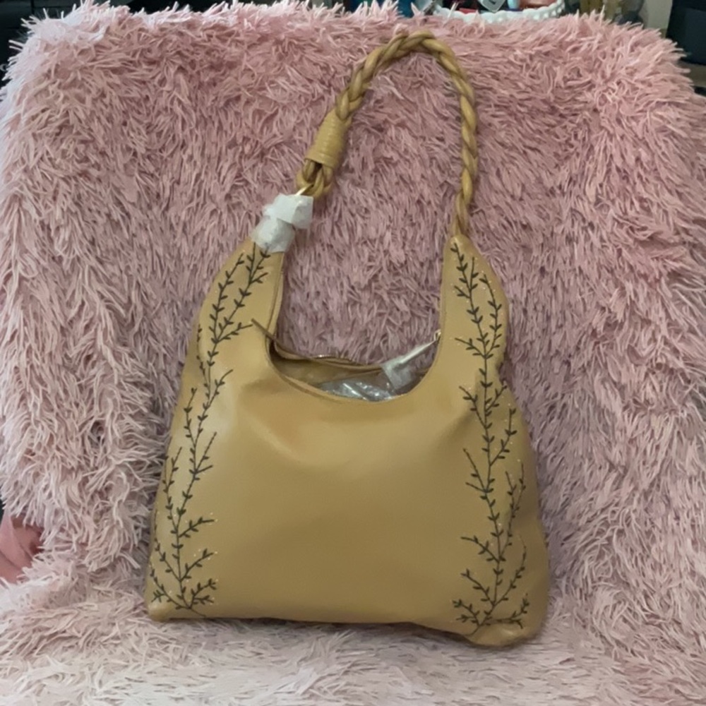 Braided Handle Tan Shoulder Bag with Contrast Stitching